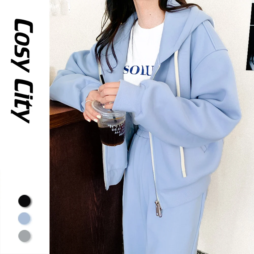 

Basic Zip Up Hoodies Women Sweatshirt With Hood Zipper Sweater Female Jacket Autumn Sportswear Long Sleeve Trouser/Dress Set
