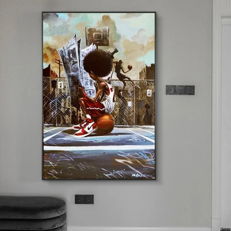 

Street Art Posters and Prints Boy On Basketball Court Canvas Painting Inspirational Wall Pictures for Bedroom Decor Child's Gift
