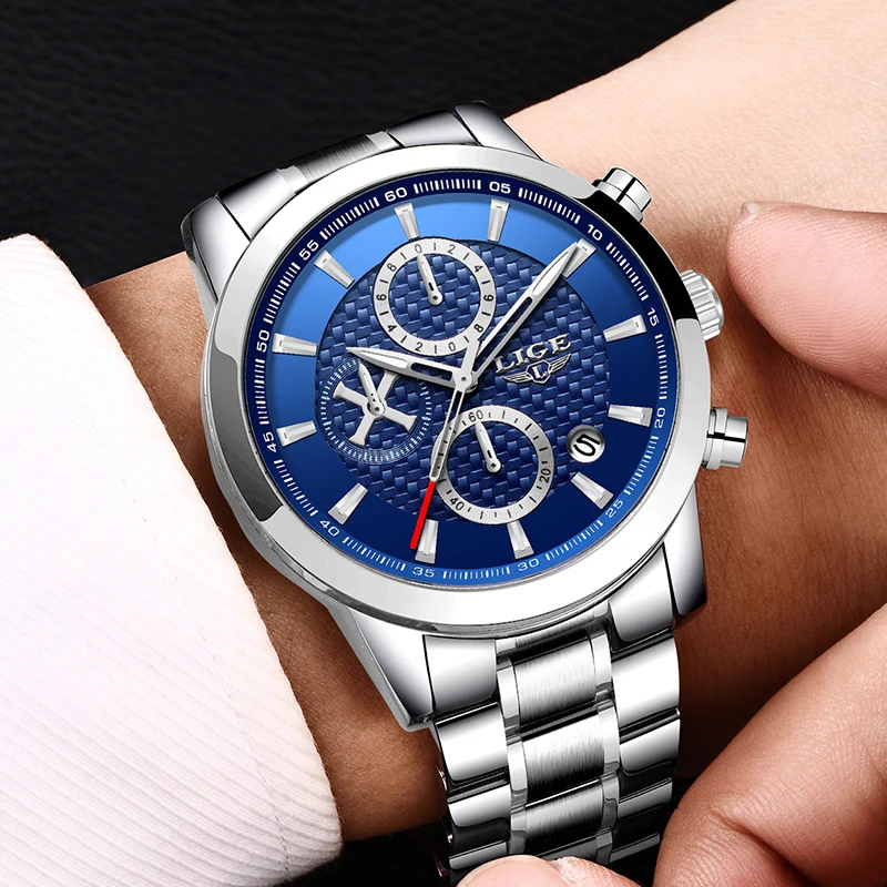 Часы наручные LIGE Мужские кварцевые модные брендовые Роскошные