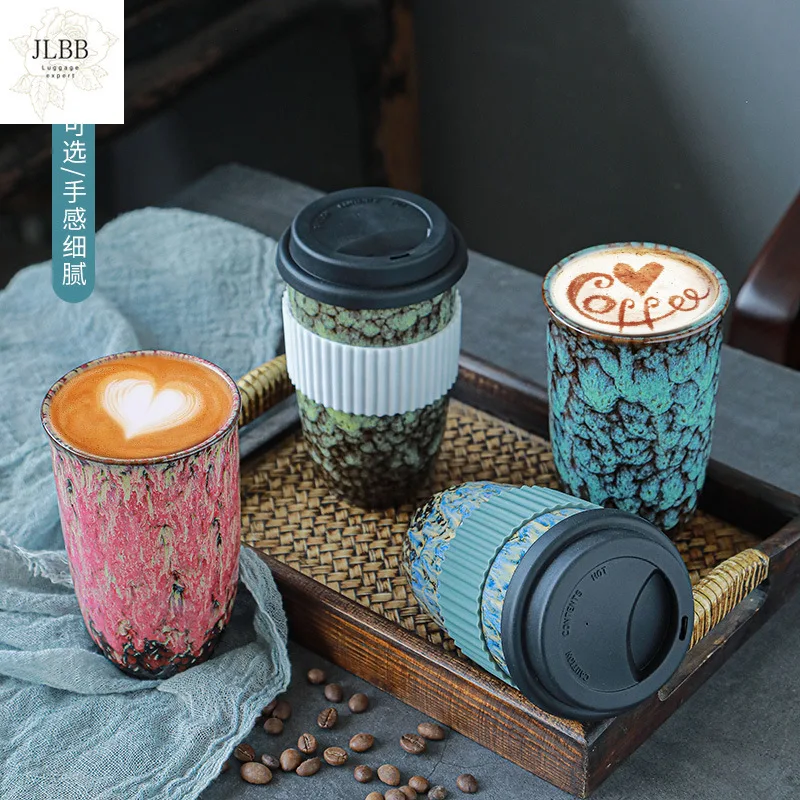 

400ML Ceramic Kiln Change Mug Couple Coffee Cup With Silicone Lid Teacup Cuisine Drinkware Stoneware Espresso Coffee Cup