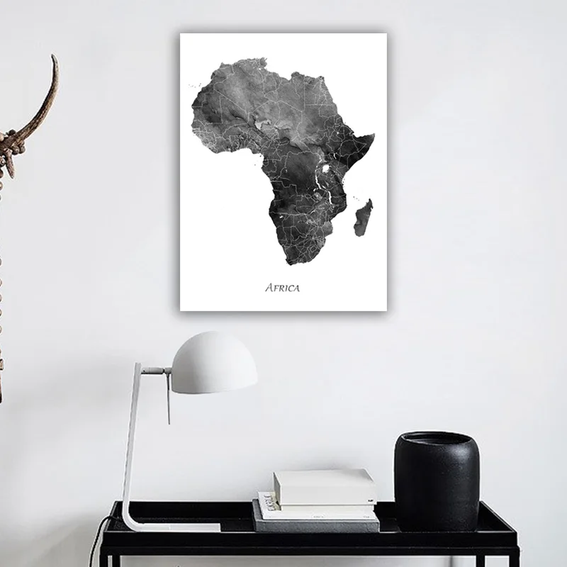 

Africa Map Posters and Prints Watercolor Map Travel Wall Art Canvas Painting Grey Black White Picture for Living Room Home Decor