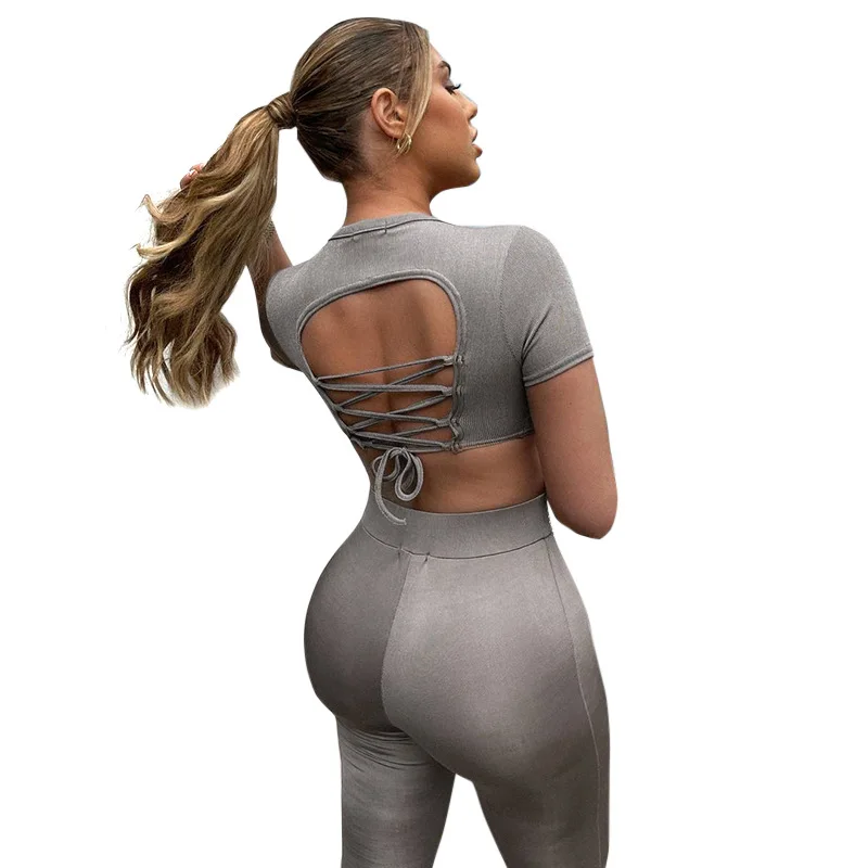 

2021 Summer Pure Color Round Neck Halter Tie T-shirt Slim Casual Sports Suit