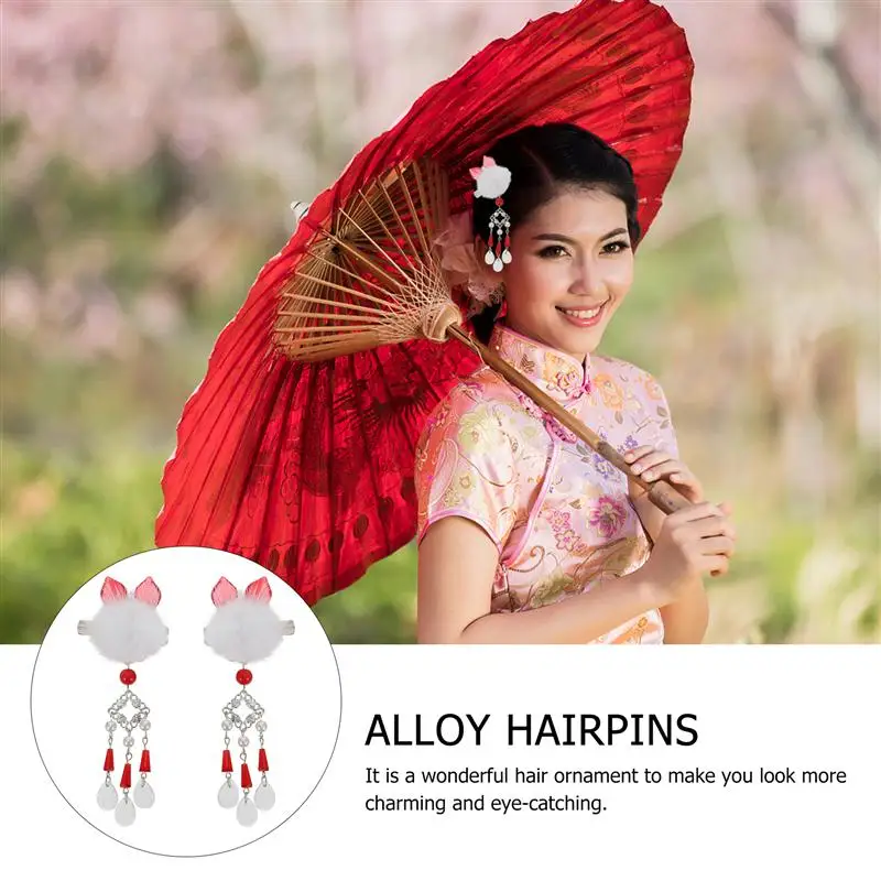

1 Pair of Cat Ear Tassel Hairpins Classical Chinese Style Headdress Hair Clamps
