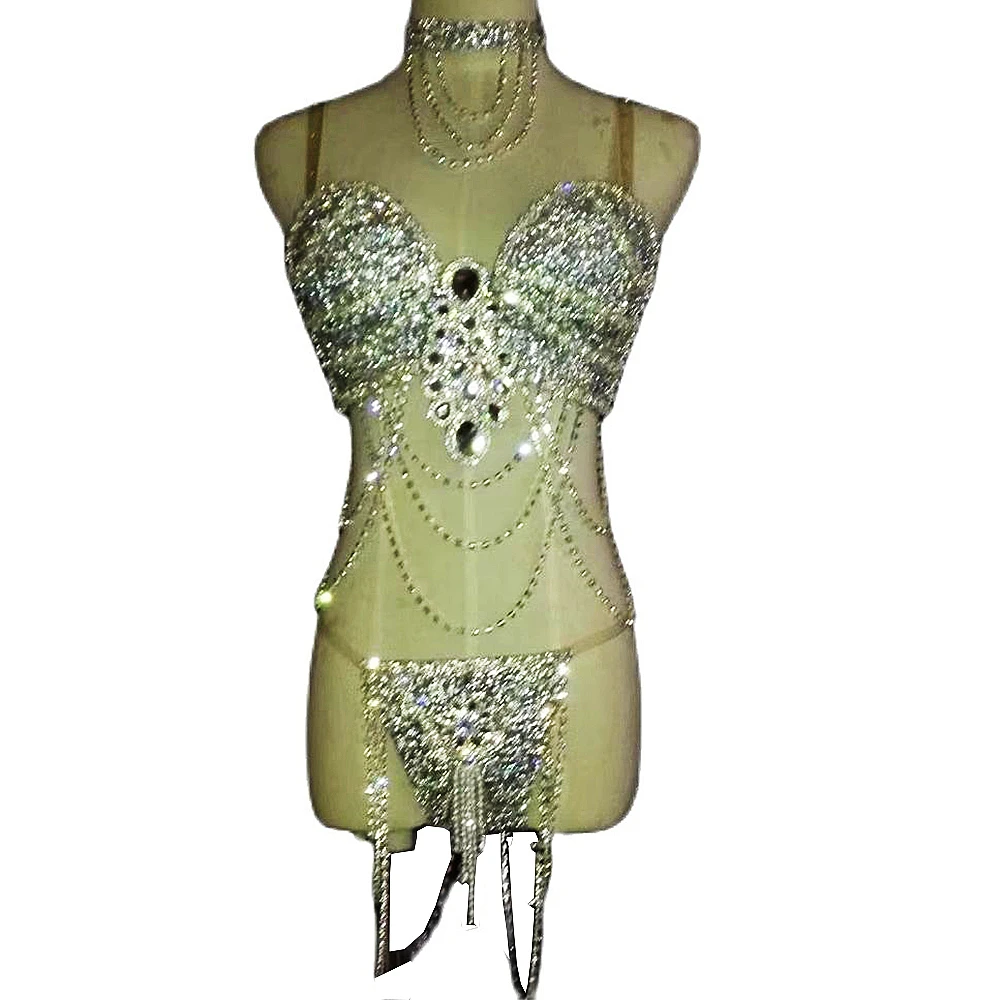 

Silver Bikini Sets Rhinestones Sequins Chain Theatrical Costume Women Nightclub Dance Show Wear Personality Performance Costume