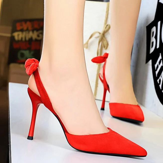 Boussac Elegant Bowtie Slingback High Heel Women Pumps Sexy Pointed Toe High Heels Ladies Shoes Suede Thin Heel Party Shoes B233