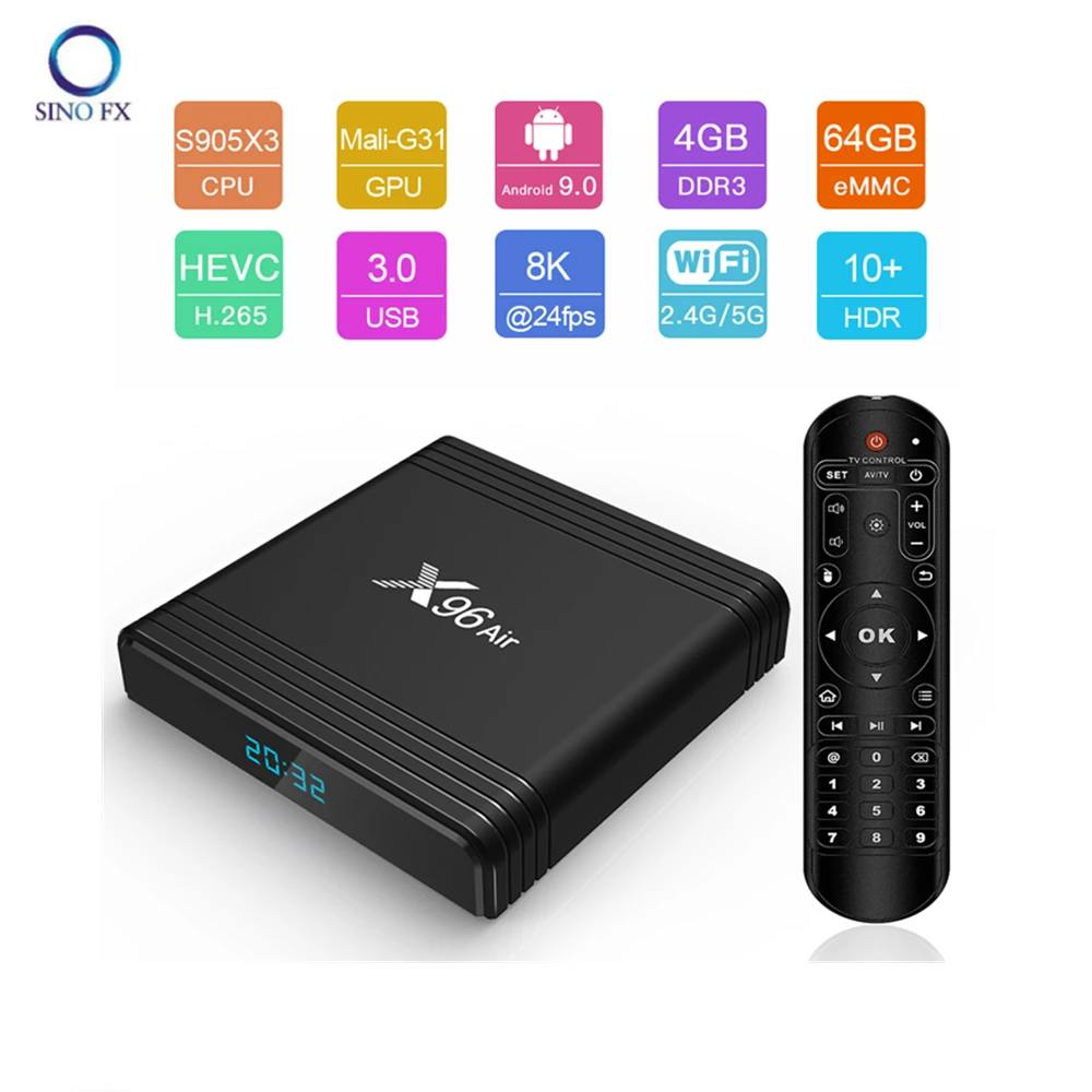

X96 AIR Android 9.0 TV Box Amlogic S905X3 4G 64G Dual WiFi 2,4G/5G BT Smart Media Player