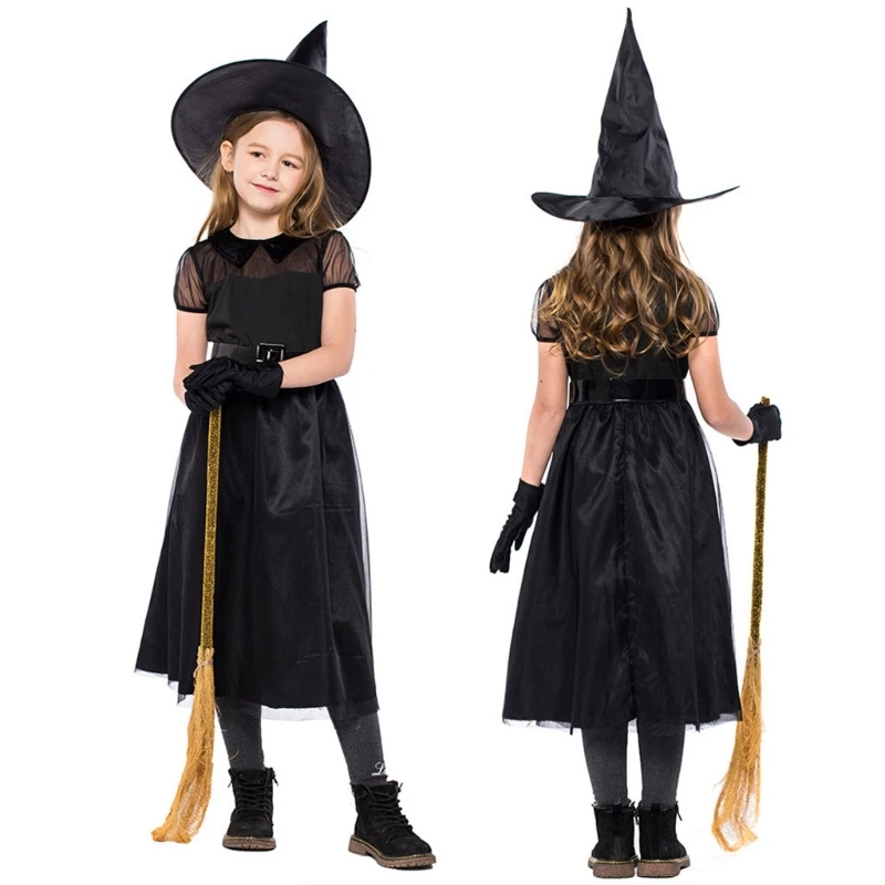 

Kids Girls Halloween Witch Cosplay Costume Mesh Short Sleeve Dress with Hat Belt