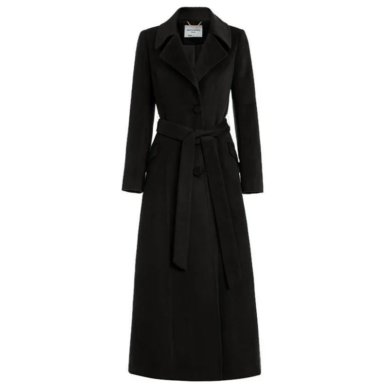 

winter elegant x-long single breasted coat woolen overcoat Lapel waist wool blends coat