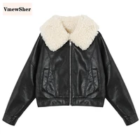 vmewsher new women winter plush lined black faux leather jackets short warm zipper basic coat fur collar motor biker jacket
