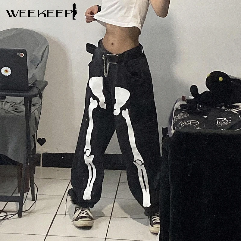 

Weekeep Gothic Print Oversized Womens Jeans Streetwear Baggy High Waist Denim Trousers Summer Harajuku Retro 2021 Pants Fashion