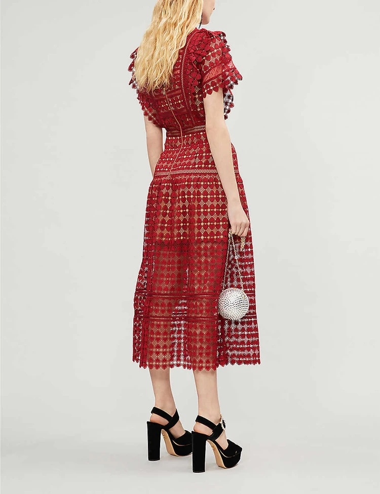 Red Christmas Dress 2020 New Year Party Women Cute Peter Pan Collar Hollow Out Ruffles SHort Sleeve Heart Lace Long | Женская одежда