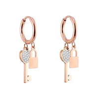 luxury stainless steel key with lock earrings rose gold crystal heart tassel ear clip hoop korean jewelry friendship best gift