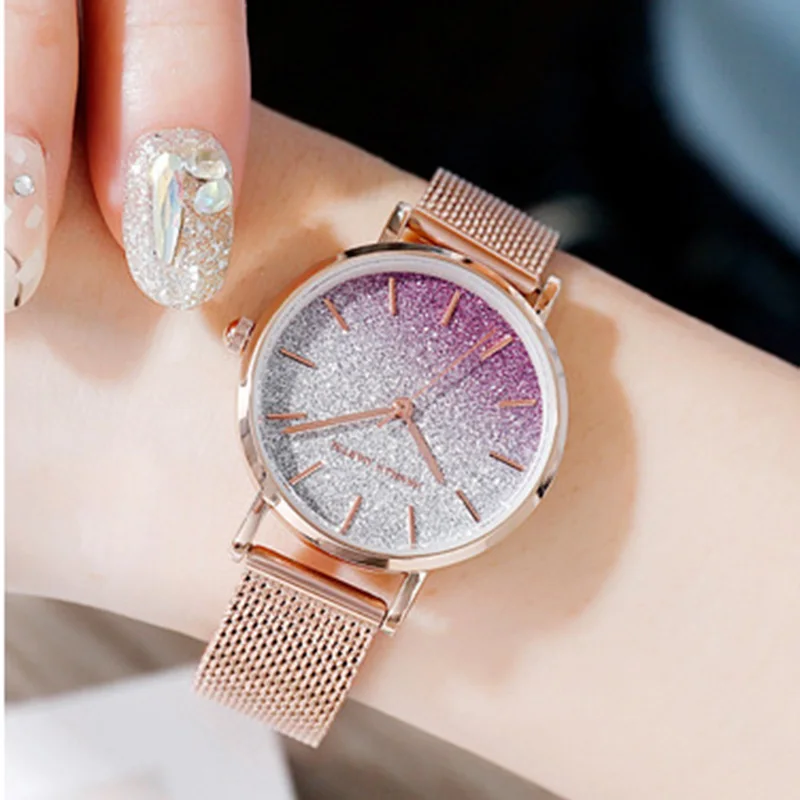 Женские кварцевые часы розовые модные роскошные розовое золото сетка женские