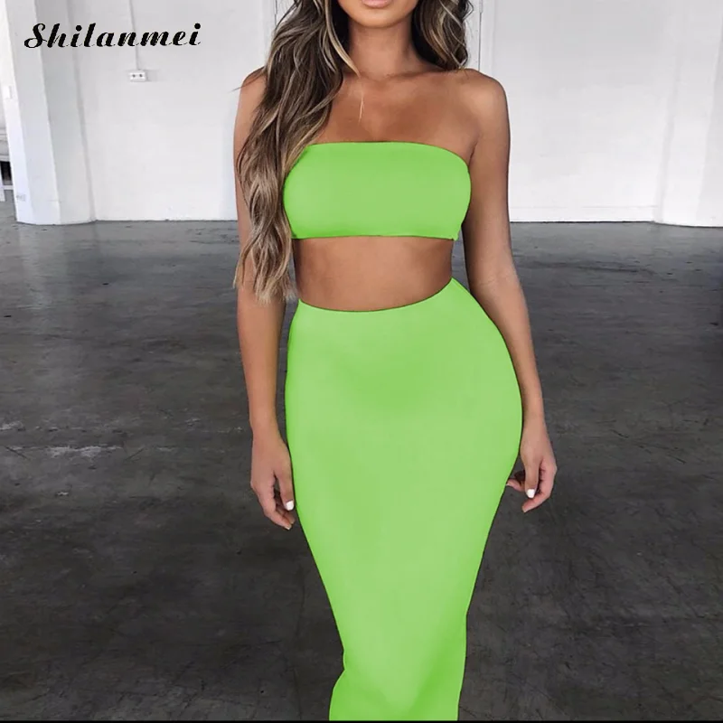 

Fluorescent Color 2 Piece Set Women Summer 2019 Sexy Club Sheath Outfits Strapless Backless Crop Top And Bodycon Skirt Sets Pink