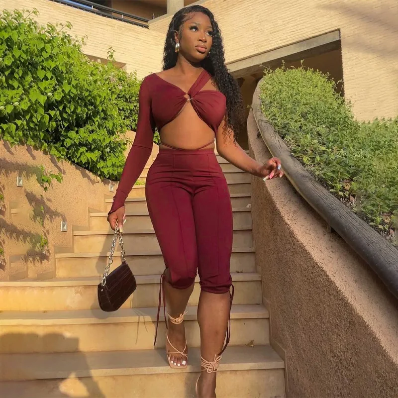 

Sexy Fashion One Shoulder Long Sleeve Cropped Set Women 2 Piece Fall Clothes Lady Bandage Pant Suit Knee-length Red Outfit 2022