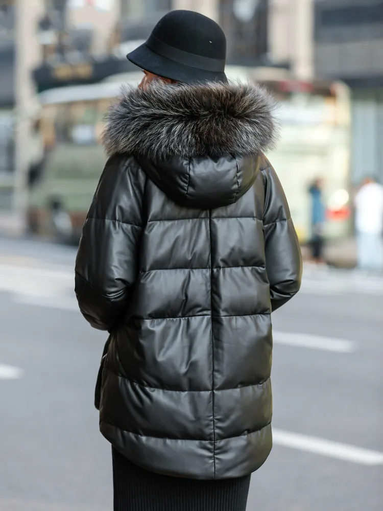 

JCHB 2021 Genuine Leather Jacket Women 100% Sheepskin Coat Female Winter Down Jackets Hooded Raccoon Dog Fur Collar Femme Veste