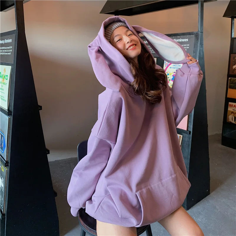 

Cute Girl Rabbit Ears Hoodies Women Kawaii Solid Colors Mid Length Spring Autumn Pullovers Cottagecore Sweatshirt 2021 New Indie
