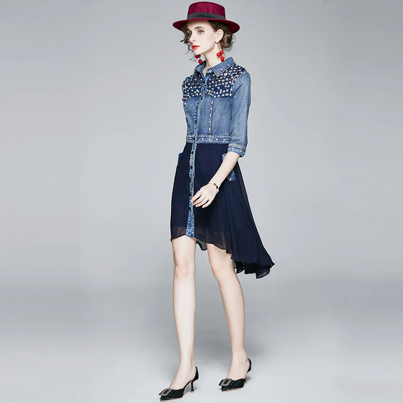 

Women's Summer Dress 2021 A-Line Dovetail Skirt Heavy Beaded Mesh Stitching Denim Woman Clothing Casual High Waisted Dresses
