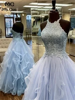 puffy ball gown halter evening dresses long prom gown ruffles womens evening dress tulle prom dress custom made