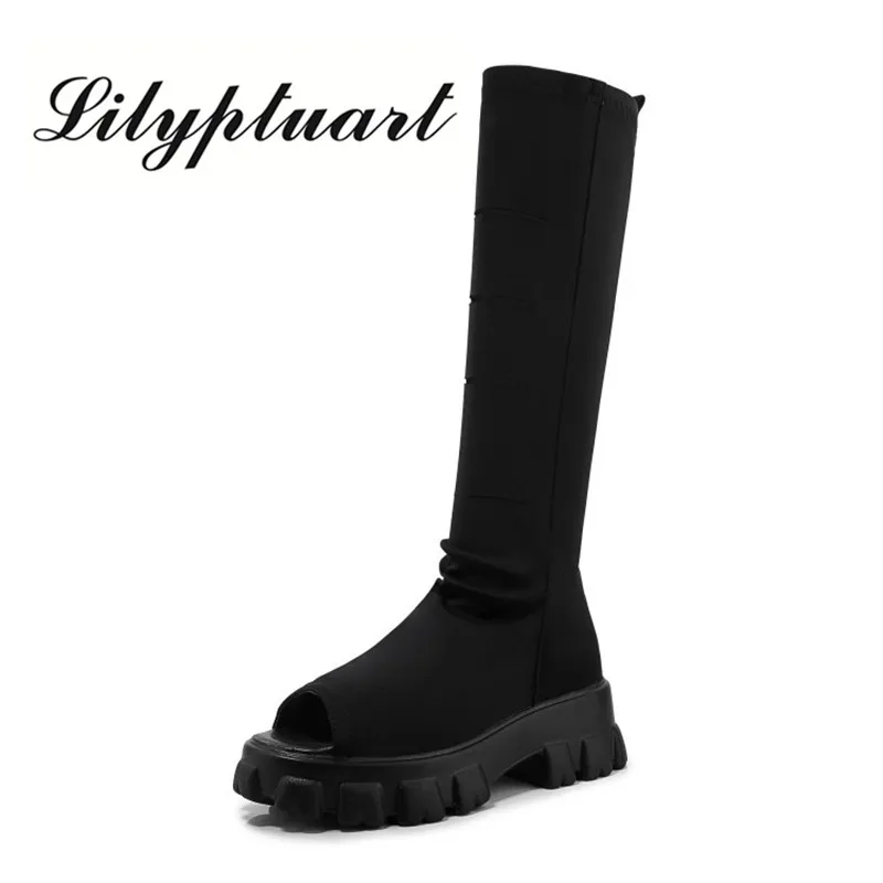 

2020 spring new fish mouth long tube thick bottom summer thin leg elastic sandals hollow hollow heel high heel sandals women