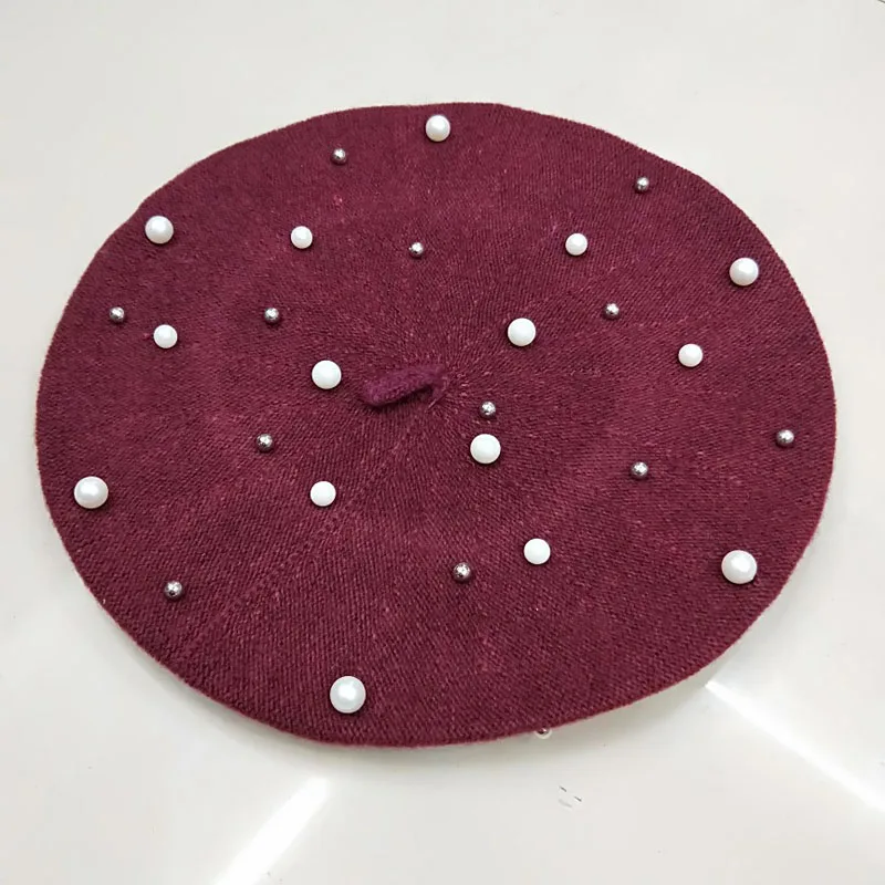 

2021 Plain Colours Pearl Rivet Wool Beret Hat Ladies Womens Girls Fashion Autumn Winter Cheap Black Red Gray