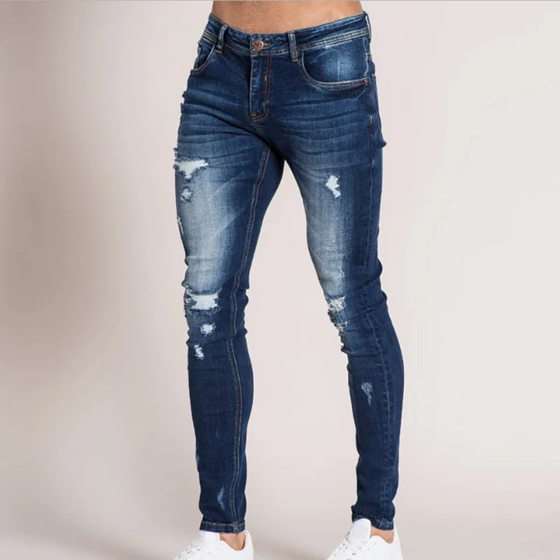 Рваные Джинсы Брюки Slim Fit байкерские джинсы стретч модные потертые джинсовые