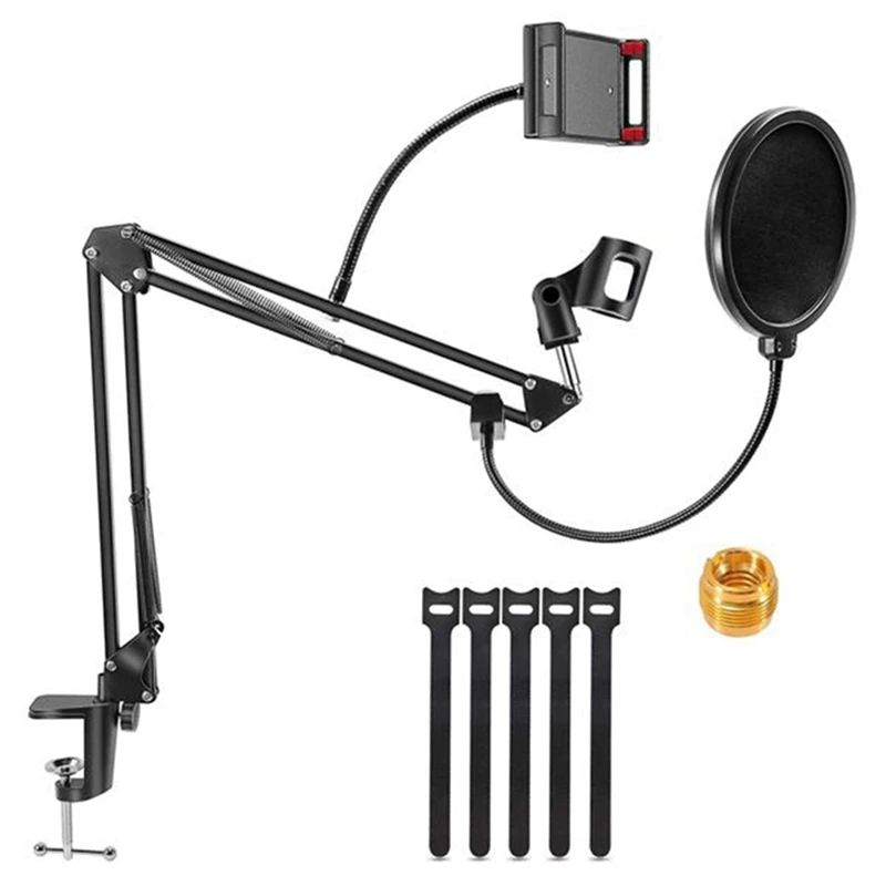 

Mic Boom Arm Stand,Adjustable Game Microphone Boom Scissor Arm Stand with Phone Holder for Snowball Other Mics