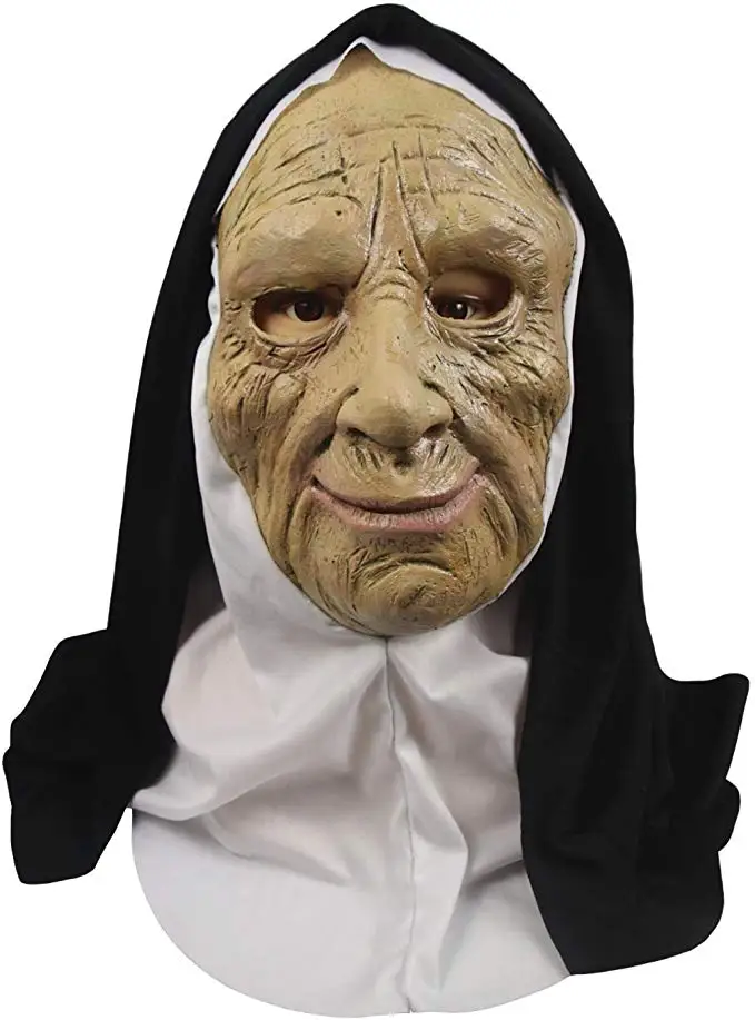 Molezu The Nun Mask with Veil Halloween Latex Costume Props Old Woman Face Mask with Headscarf