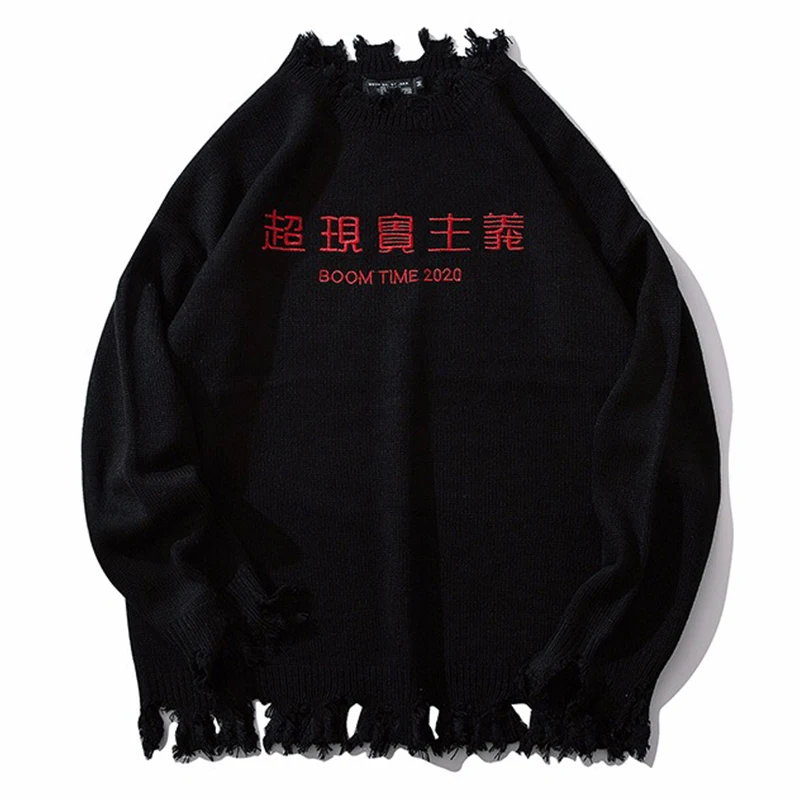 BOOM TIME 2020 Embroidery Crewneck Knitwear Sweaters Fashion Tattered Pullover Knit Sweater Men Harajuku Tops Hip Hop Streetwear | Мужская