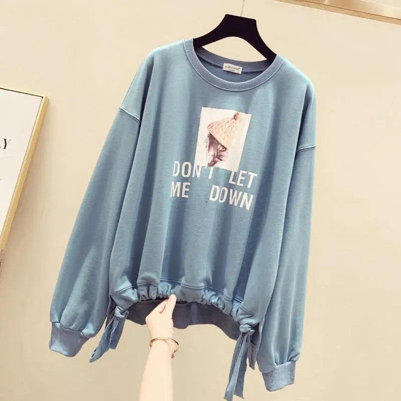 

Spring And Autumn New Plus Fat Plus Size Long-Sleeved Sweater Women Loose Drawstring Printing All-Match Blouse Trend
