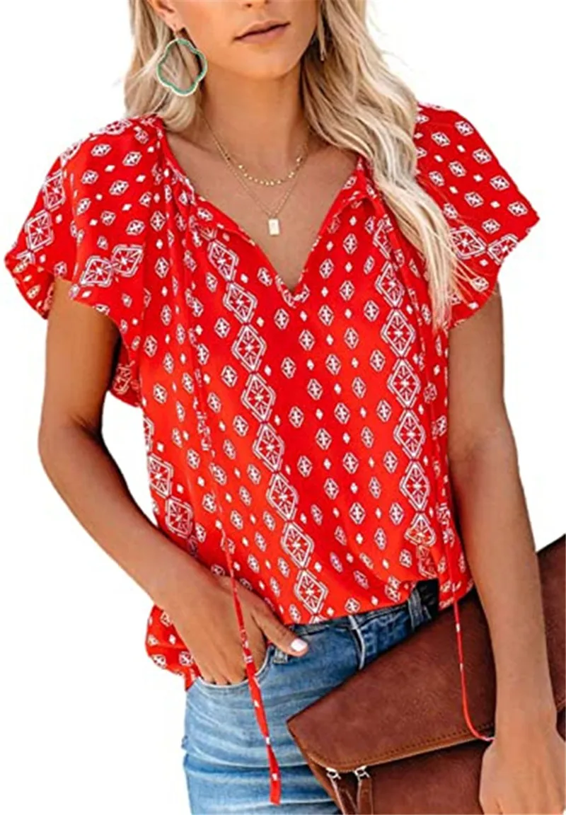 

Casual Short Sleeve T-Shirts Women Chiffon Shirt Tee High Street Print Loose Tops Female Bandage V-Neck Fashion T-Shirt 2XL Top