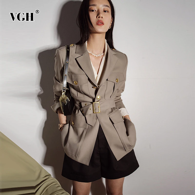 

VGH Casual Slim Solid Belted Pocket Blazer Female Notched Long Sleeve Fashion Temperament Coat For Women Autumn Style 2021 New