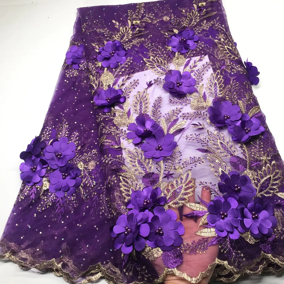 Фиолетовая французская кружевная ткань 3D цветы вышитая африканская Тюлевая с