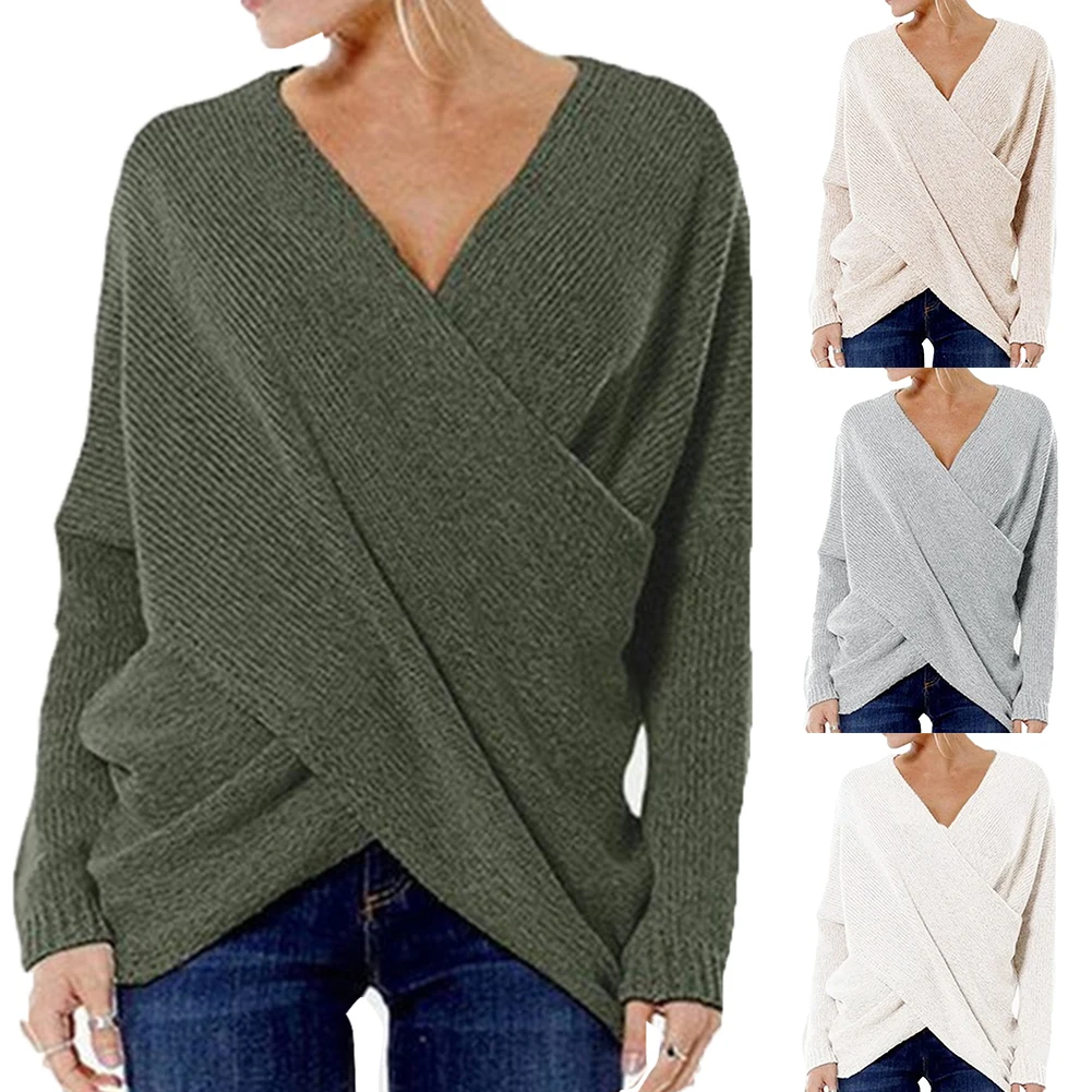 

Женский трикотажный свитер с асимметричным подолом, повседневный свободный однотонный пуловер с V-образным вырезом, в винтажном стиле, осен...