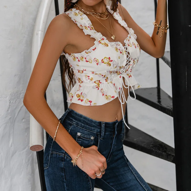 

Vintage Floral Print Tops Women Sexy Sleeveless Cami 2021 New Summer Y2k Fashion Bandage Backless Crop Top Clubwear Tanks E Girl