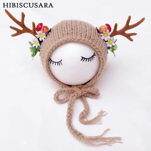Adorable Baby Knitted Hat Reindeer Knitting Bonnet Infant Baby Xmas Hats Christmas Festival Photography Caps Beanie Photo Props