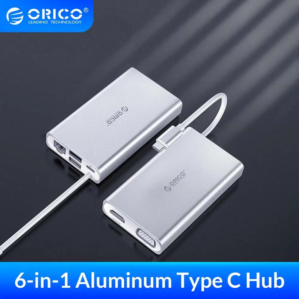 Док станция для ноутбука ORICO 6 в 1 type C из алюминиевого сплава 4K видео HD RJ45 сетевой