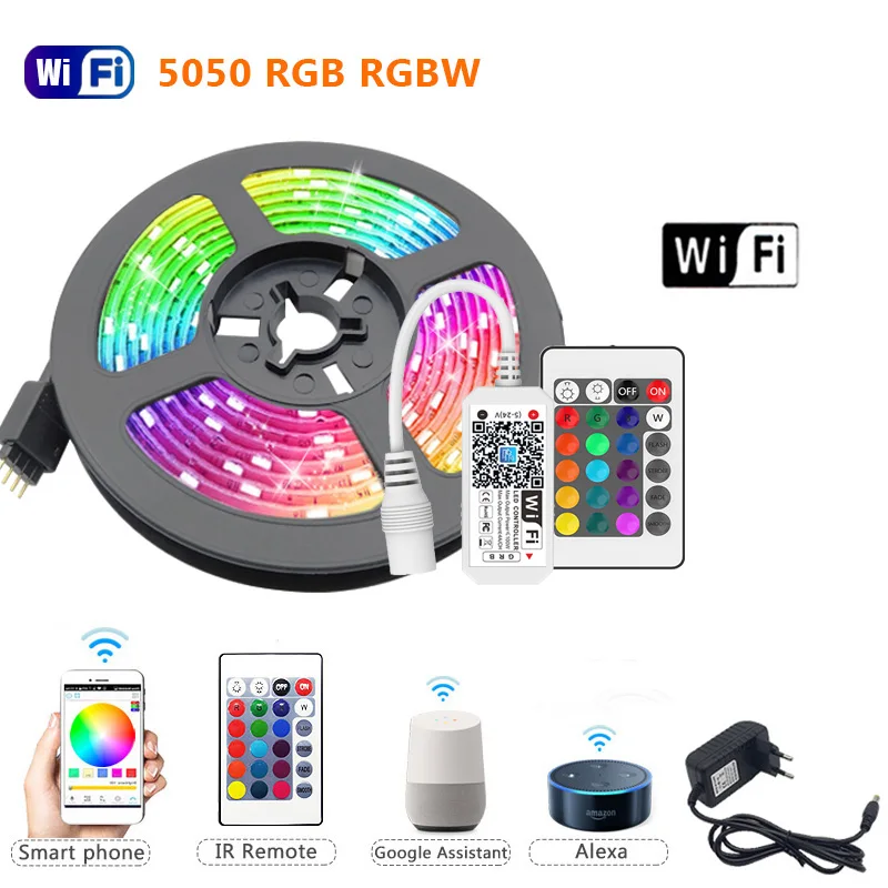 

5m 10m 15m RGBW RGBWW LED Strip Light RGB 5050 60LEDs Luces Led Light Strip DC12V Flexible Ribbon IR WiFi Contoller+Adapter EU