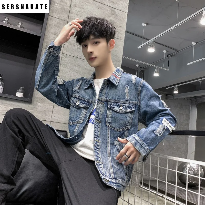 Spring Autumn 2020 Denim personality beggar printed denim jacket coat men loose hole brand street embroidery trend jacket