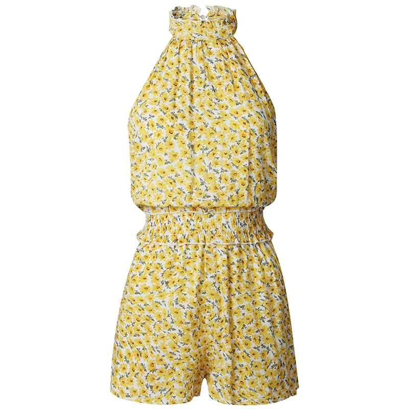 

2020 Women's Summer Casual Playsuits Floral Print o Neck High Waist Plus Size Playsuit Sleeveless o Neck Loose Female Playsuits