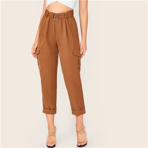 Brown SHEIN/коричневые штаны с О-образным кольцом и поясом, с клапаном, с боковым откатом на подоле, для женщин, Осенние однотонные повседневные женские укороченные брюки с эластичной резинкой на талии - Цвет: Brown