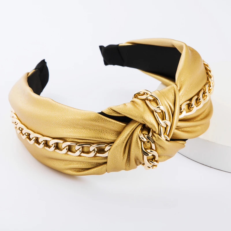 Find Me Color Leather Knot Wide Headband For Women Punk Alloy Thick Chain Hair Band Fashion Jewelry Accessories | Украшения и