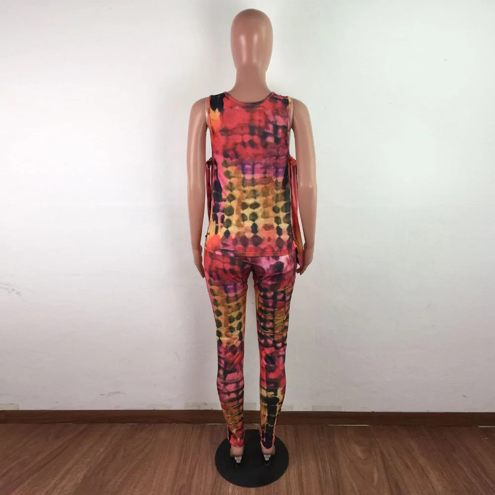 

Rainbow Tie Dye Print 2 Piece Set Women's Suit Sleeveless Side Hollow Long Tops+sporty Jogger Pant Streetwear Outfit with Masks