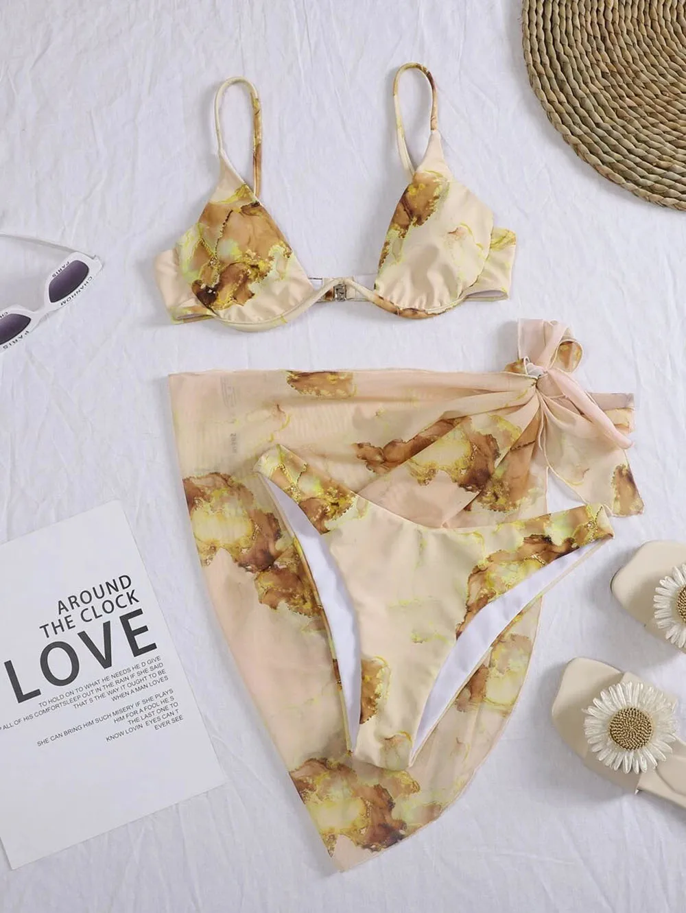 

Sexy Marble Long Sleeve Bikini Female Swimsuit Women Swimwear Plus Size Bikini set Halter Bather Bathing Suit Swim