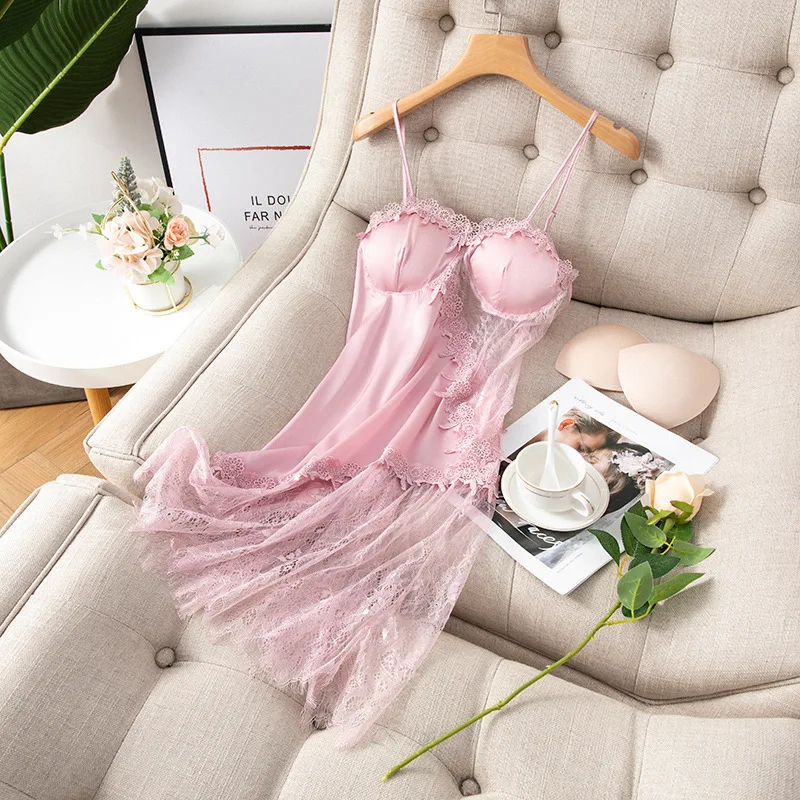 

2021 new summer sling nightdress hot sexy pajamas ice silk sling nightdress female summer lace