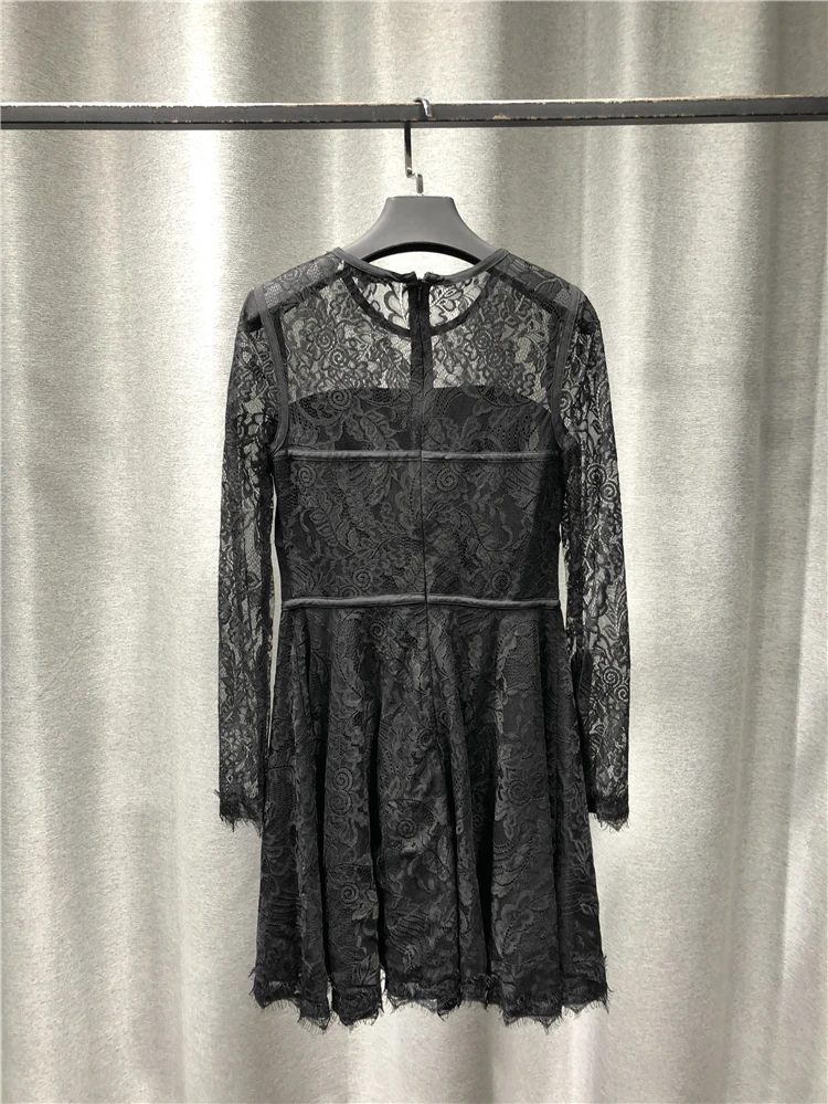 

Women Dress Round Collar Perspective With Long Sleeves Collect Waist Bud Spring/Summer 2021 New Black Dresses For Women