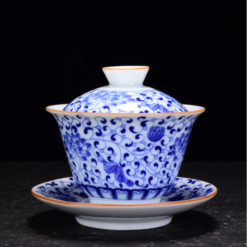 

Jingdezhen Lotus Ceramic Tea Tureen Blue and White Porcelain Bowl Chinese KungFu Gaiwan Full Color Medium Tea Bowl Tea Accessori