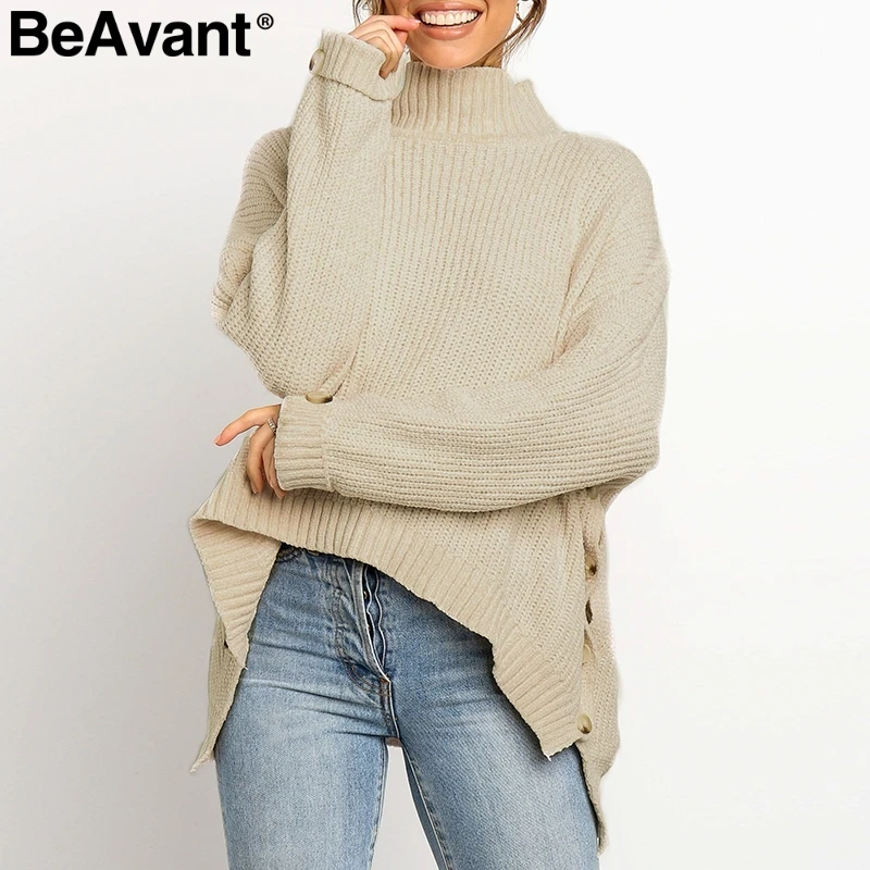 BeAvant Turtleneck pure knitted sweater women pullover Button lady jumper pull femme Long sleeve solid oversized | Женская одежда