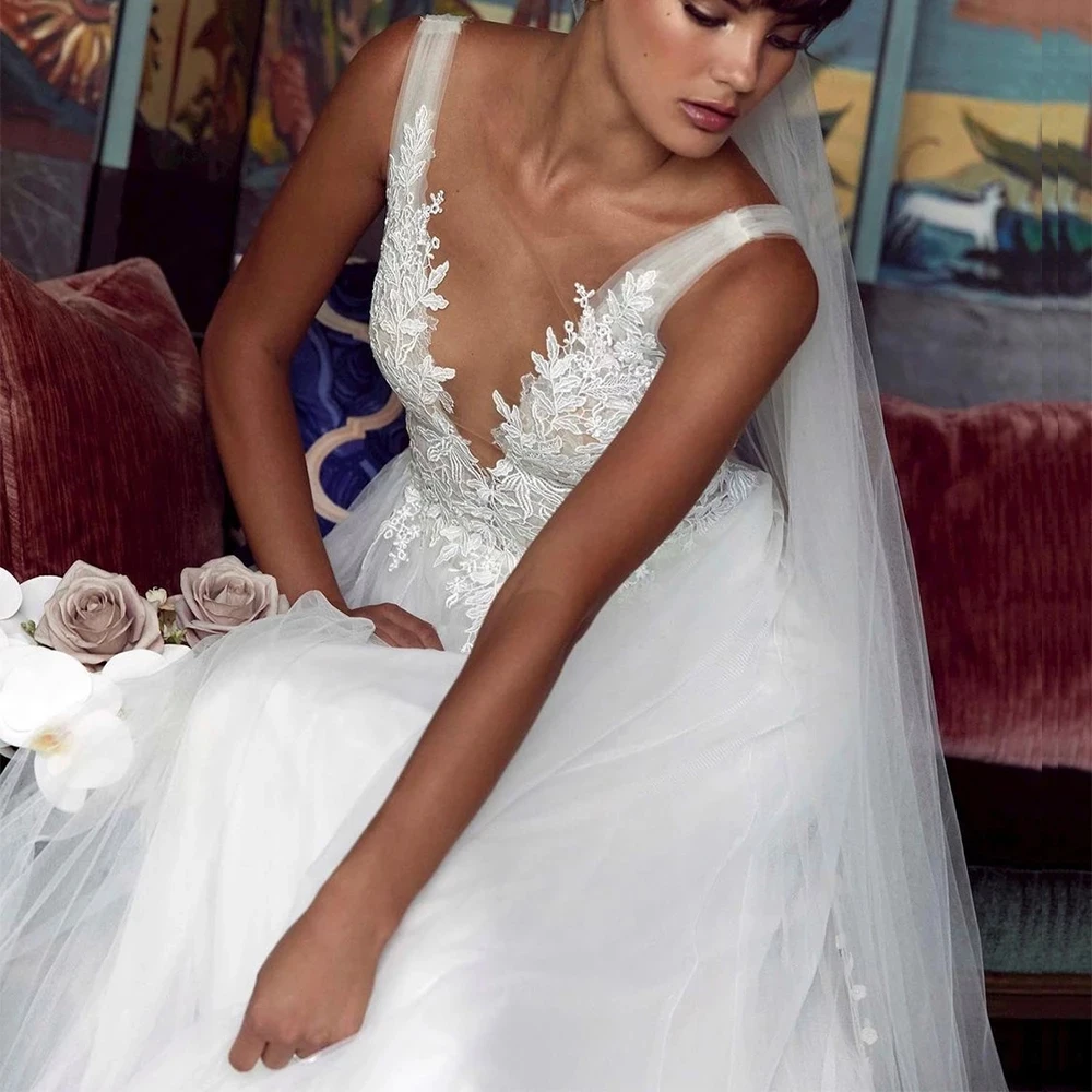 

Charming Wedding Dress White V-Neck Floor-Length Floral Sleeveless Backless A-LINE Wedding Party De Fiesta Robe De Soiree