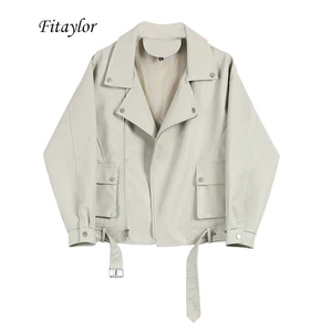 FitaylorНовинка; Женская куртка из искусственной кожи; Осенняя куртка из искусственной мягкой искусственной кожи на молнии с заклепками; Байкерское пальто; Женская Свободная куртка в стиле панк с поясом